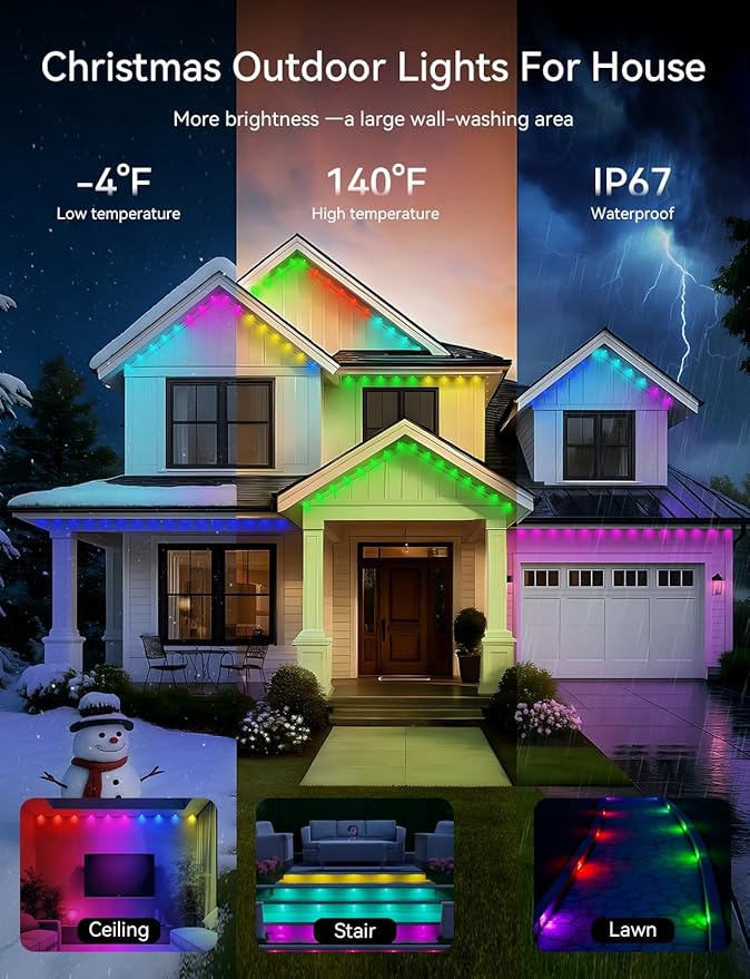 200FT Permanent Outdoor Lights for House -Eaves Lights with 100 IC+RGBCW LED IP67 Waterproof, Smart Outside LED Christmas Light with App/Remote, Eternity Lighting for Holiday/Daily