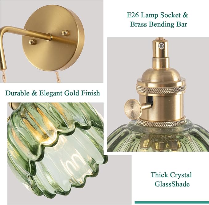 Plug-in Wall Sconce (Set of 2), Vintage Wall Decorative Lamp with Green Glass Shade, Indoor Plug-in Wall Sconce for Bedroom, Living Room, Bathroom, Hallway