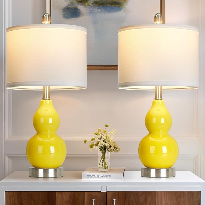 Double Gourd Ceramic Table Lamps Set of 2, Modern Yellow Bedside Lamps for Night Stand, Contemporary Nightstand Lamps for Bedroom Living Room (Bulb Included)