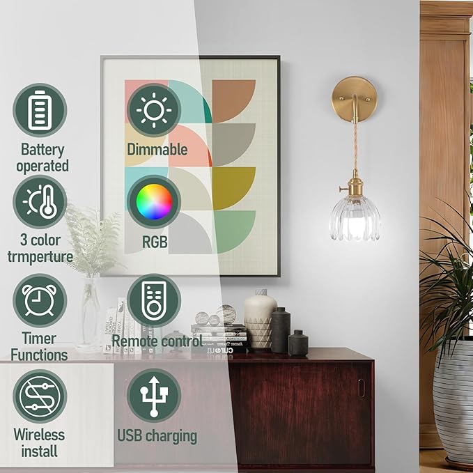 Vintage Battery Operated Wall Sconces Sets Of Two, Indoor not Hardwired Transparent Tulip Glass Lampshade Fixtures, Rechargeable Wireless RGB Wall Lights with Dimmable Remote, for Bedroom Living Room
