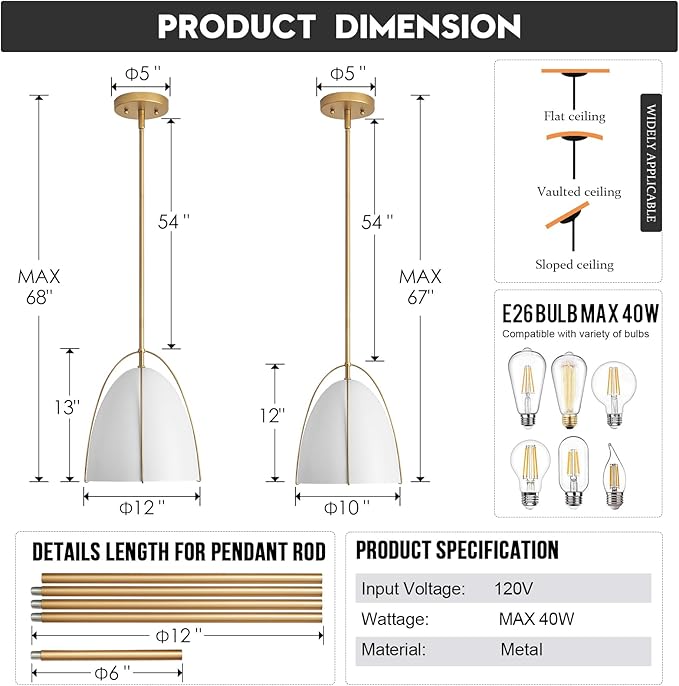 White Gold Pendant Light 3-Light Socket Large Pendant Light Fixture with Adjustable Pendant Rod 12in Dome Kitchen Pendant Lighting for Kitchen Island Dining Room Kitchen Sink, E26
