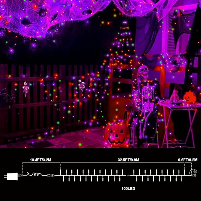 LAMPHOME Orange Purple Green Halloween String Lights Outdoor, 32.5FT 100 LED Waterproof Christmas Lights with 16 Lighting Modes for Halloween Garden Party Christmas Xmas Tree Lights Decor