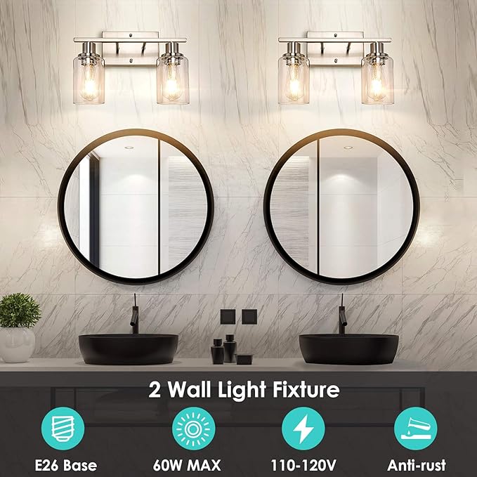 ShineTech 2-Light Bathroom Light Fixtures, Modern Vanity Lights with Clear Glass Shade, Brushed Nickel Bathroom Vanity Light Over Mirror, Living Room