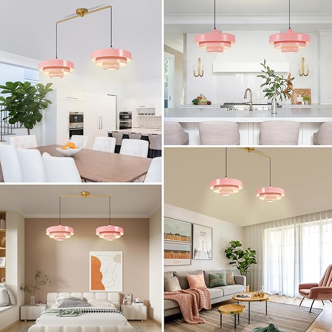 Pink 2-Light Pendant Light Industrial Chandelier, Vintage Adjustable Hanging Lights Modern Pendant Lamp for Kitchen Island, Dining Room, Bedroom, Entryway