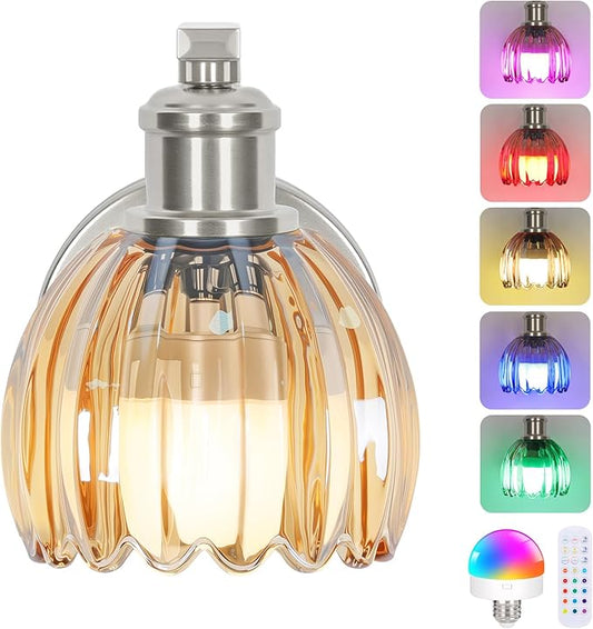 Rechargeable Battery Operated Wall Sconce with Amber Glass Lampshade, Wireless Wall Scone Decor with Remote Control, 15 Colors Brushed Nickle Wall Light for Bedside Hallway Bedroom Doorway
