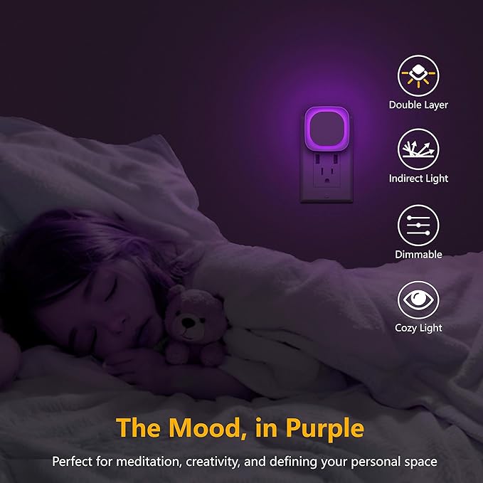 2 Pack Purple Night Light, Gentle Eye-Care with Dimmable Soft Glow & Indirect Reflection, Auto Dusk to Dawn Sensor, Plug in Nightlight for Meditation Corner, Creative Studio, Bedroom, Bathroom
