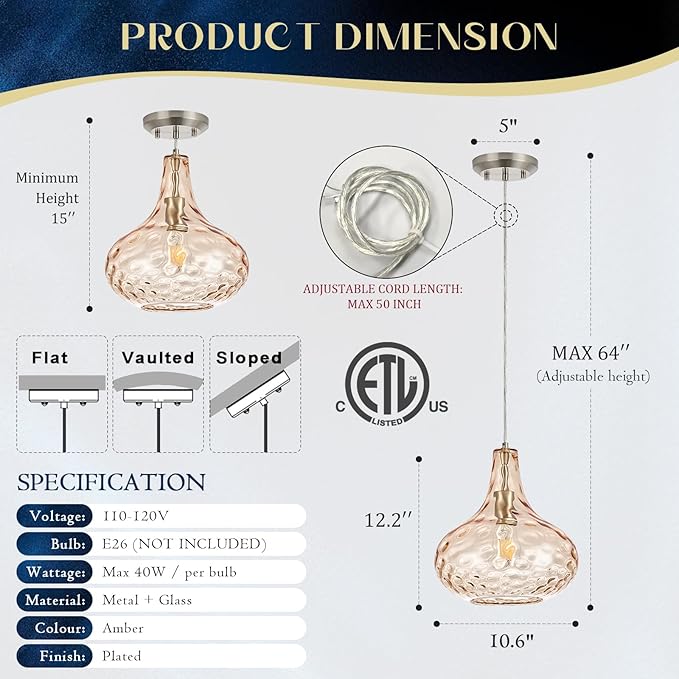 11" Amber Hammered Glass Pendant Light – Brushed Nickel Finish, Adjustable Hanging Cord, Modern Farmhouse Ceiling Light for Kitchen Island, Dining Room, Hallway