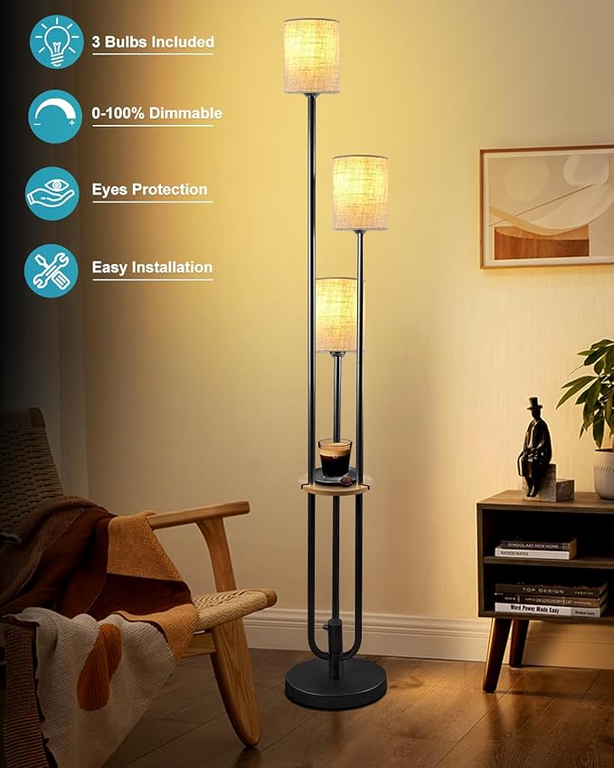 Lightdot 64Inch Floor Lamp with Table Dimmable Black Floor Lamp for Living Room 3 Lights Mid Century Modern Tall Standing Lamp with Fabric Shade for Bedroom/Sofa Beside/Corner Decor(Bulbs Included