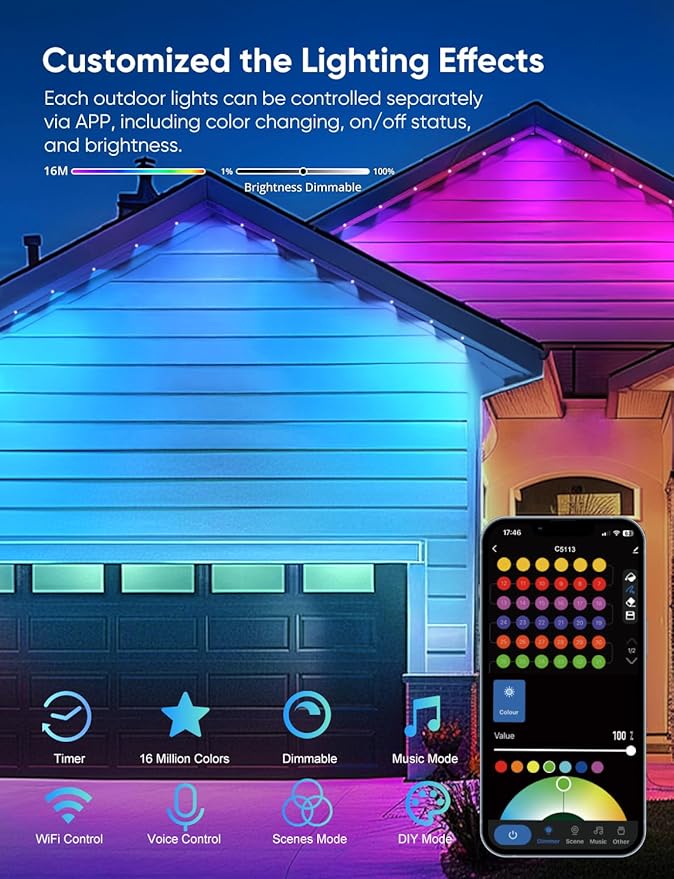 Permanent Outdoor Lights 150ft,RGBW Eaves Light with 108 LED Lights,111+ Scenes Modes Outdoor Lighting, Waterproof Permanent Light for Daily Holiday Halloween Decorations, Works with Alexa,Black