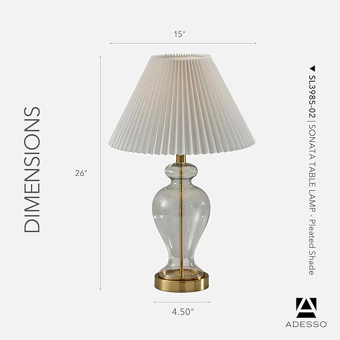 Adesso Table Lamp with Glass Base, Brass Accents, and Pleated White Fabric Lampshade – Bedside Table, Home Office Lighting, or Living Room Decor, 26” x 15”