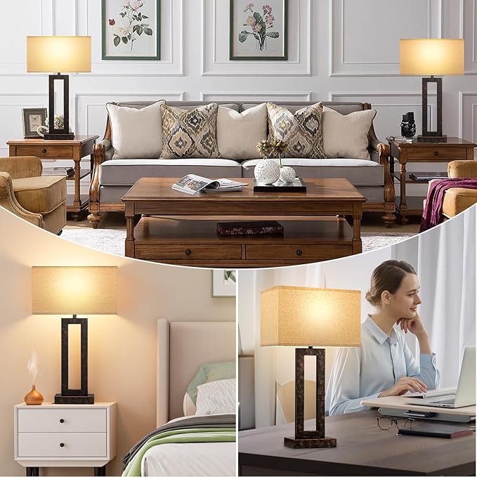 Seealle 22" Tall Living Room Lamps for Night Stands - Touch Bedside Lamp with USB C+A, 3 Way Dimmable Bedroom Lamps for End Tables Set of 2, Modern Night Stand Lamp for Bed Side(Beige&Brown)