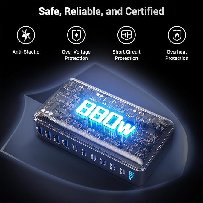 880W USB C Charging Station, 10-Port Desktop USB Charger, USB C Charger Block for Multiple Devices for MacBook Pro/Air, DELL, iPad, iPhone, Samsung Galaxy