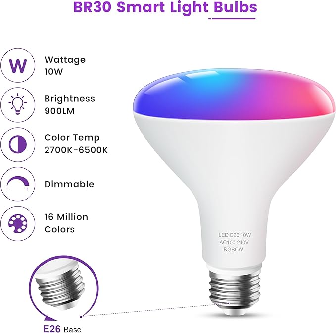OHLUX BR30 Smart Flood Light Bulb, 85W Equivalent WiFi Smart Bulb, RGBCW, Music Sync, Color Changing Bulb Compatible with Alexa and Google Home, 4 Pack