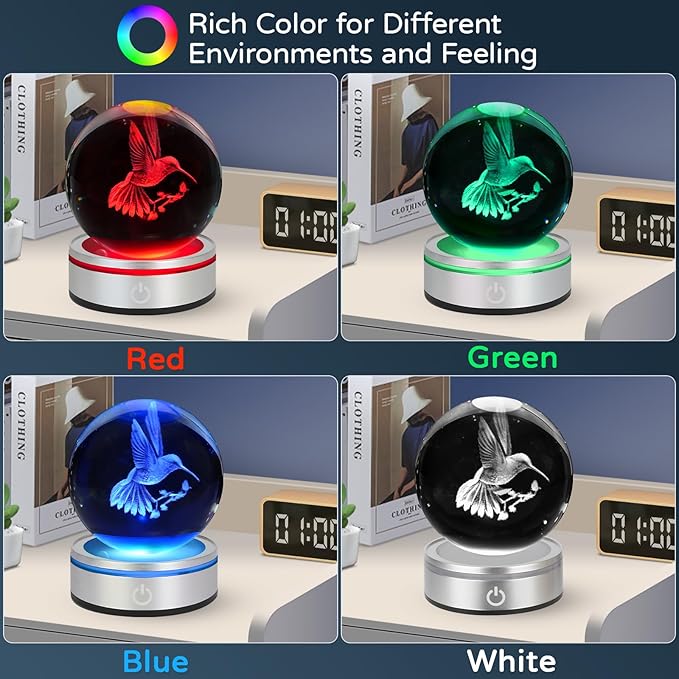 3D Hummingbird Crystal Ball Night Light with LED Colorful Touch Base 3.15 in Hummingbird Figurine Glass Sphere Lamp for Birthday Christmas, Cute Hummingbird Home Decor Gifts for Kids Teens Women
