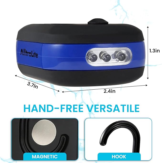 AlltroLite 3-Pack LED Work Light | Portable Magnetic Work Light with Rotatable Hook, Magnetic Back & Push Button | Battery Operated Pocket Work Lights for Car Repairing, Emergency, Hiking, Camping