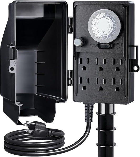 SURAIELEC Outdoor Power Stake, 24-Hour Mechanical Light Timer, Electrical Power Strip Weatherproof, 6FT Extension Cord Multiple Outlets Plug for Patio Lights, Halloween Decorations. Outdoor Light