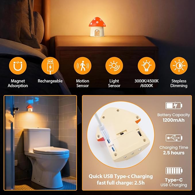 Cute Mushroom Lamp, Rechargeable Stair Lights, Motion Sensor Light Indoor, 3 Color Temperatures, Adjustable Brightness, Magnetic Nightlight for Hallway, Kitchen, Kids Gift, Orange