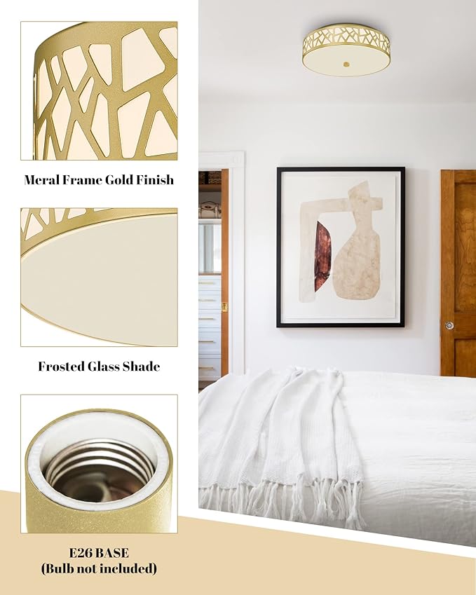 2-Light Flush Mount Ceiling Light, 12 inch Modern Close to Ceiling Light Fixture with Gold Metal and Frosted Glass Shade for Hallway, Kitchen, Bedroom