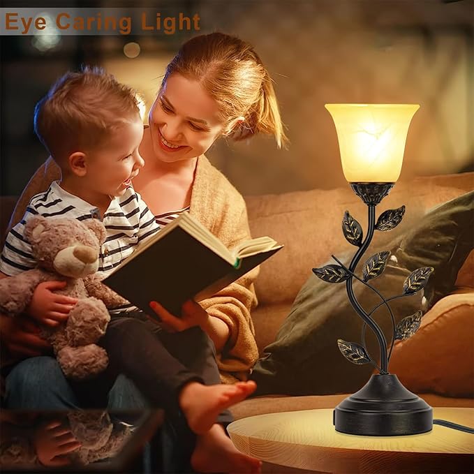 Bedside Lamps Set of 2, 20 Inch Retro Style Table Lamp for Bedroom Touch Control 3-Way Dimmable with USB C+A Charging Ports, Torchiere Lamps for Night Stands Metal Leaf and Glass Shade, Bulbs Included