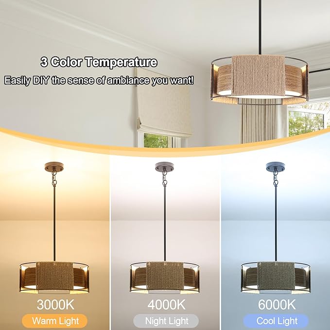 Rattan Chandelier 3-Light, 15.74'' Dual-Layer Shade Rustic Rattan and Metal Wood Grain Round Pendant Light Kitchen Island Lighting Hanging Drum Chandeliers for Entryway Foyer Bedroom Living Room