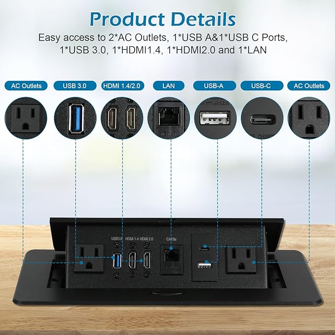 Table Pop Up Outlet, Desktop Pop Up Socket Center Countertop Socket Multimedia Strip Socket Connection Box Countertop with USB 3.0/2×AC/2×HDMI/USB-A/USB-C/LAN for Conference Desk Office (Black-3)