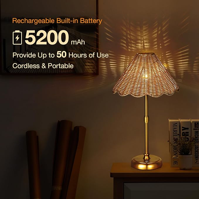 Cordless Boho Rattan Table lamp, 5200-mAh Rechargeable Battery, 3-level Brightness Dimmable, Build-in Integrated LED 320 Lumen Max, Rattan Shade, for Bedside Restaurant Resort Hotel Dining Table