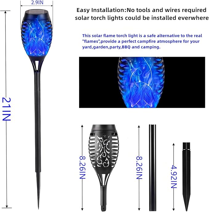 Solar Torch Light with Flickering Flame,4Pack Solar Lights Outdoor,Waterproof Solar Powered Yard Garden Lights,Solar Flame Light,Torches Lighting for Outside Patio Lawn Path Decorations (Blue)