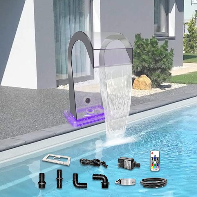 LONGRUN Waterfall Spillway Acrylic S-Shaped Pool Fountain with Color Changing LED Light, Pond Waterfalls Outdoor Water Spillway Fountains Kit for Garden Patio Swimming Pool Decoration-12.6" Height