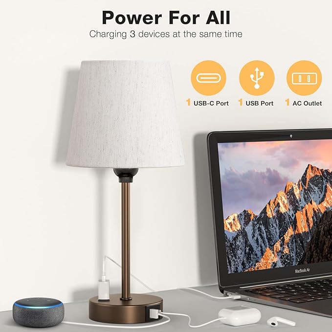 Acaxin Brown Bedside Lamps for bedrooms Set of 2 - Nightstand Bedroom Lamp with USB C Port and AC Outlet Charging, 3 Way Dimmable Touch Control Small Bed Side Table Lamp, Nightstand Light for Kids