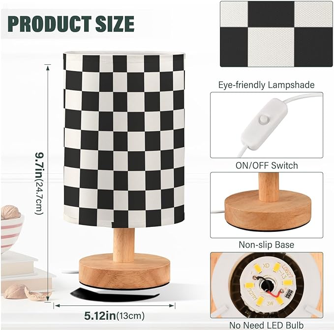 Black and White Checkered Bedside Table Lamps with USB Port for Bedroom Lamp Accent Table Lamp Small Nightstand Lamp Sturdy Linen Shade Wooden Base Decorative Lamps for Kids|Reading|Dorm|Home