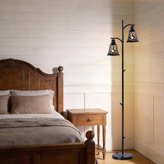 64.56" Tall Goth Farmhouse Floor Lamp,2-Light Tree Black Metal Hummingbird Lampshade Rustic Floor Lamps for Living Room,Western Standing Floor Light for Bedroom,Home,Office,Corner,Bar