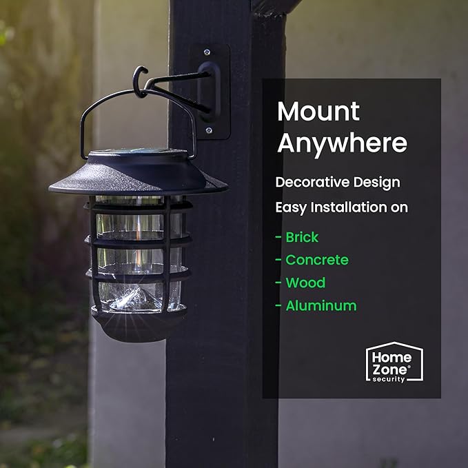 Home Zone Security 2-Pack Solar Wall Hanging Lights LiFePO4 Battery 3000K Warm 20lm Up to 12 Hours Dawn Motion Sensor Auto, IP65 Waterproof, No Wiring Required, Aluminum and Glass Construction