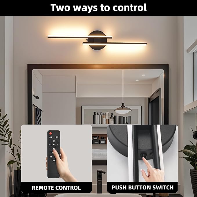 Rechargeable Battery Operated Wall Sconce, Black Wireless LED Wall Sconce with Remote Control, Dimmable 3 Colors Cordless Wall Lights for Living Room, Bedroom, Hallway, 23.6 Inch