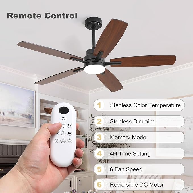 52" Remote Control Ceiling Fan with Light – 6-Speed Quiet DC Motor, Dimmable 3-Color LED, Flush Mount for Bedroom, Living Room, Dining Room,BLACK
