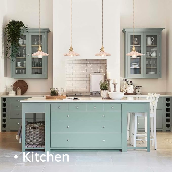 Pendant Light with Pink Pleated Ceramic Lmapshade, Brass Vintage Pendant Light Adjustable Hanging Light for Kitchen Island Dining Room Hallway