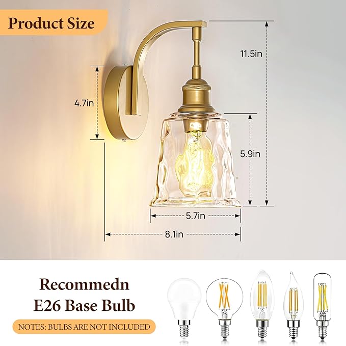 Gold Wall Sconces, Modern Brushed Gold Sconce Wall Lighting, Vintage Glass Light Fixtures for Bathroom Vanity Mirror Living Room Bedroom Kitchen Hallway Stairway E26 Hardwire