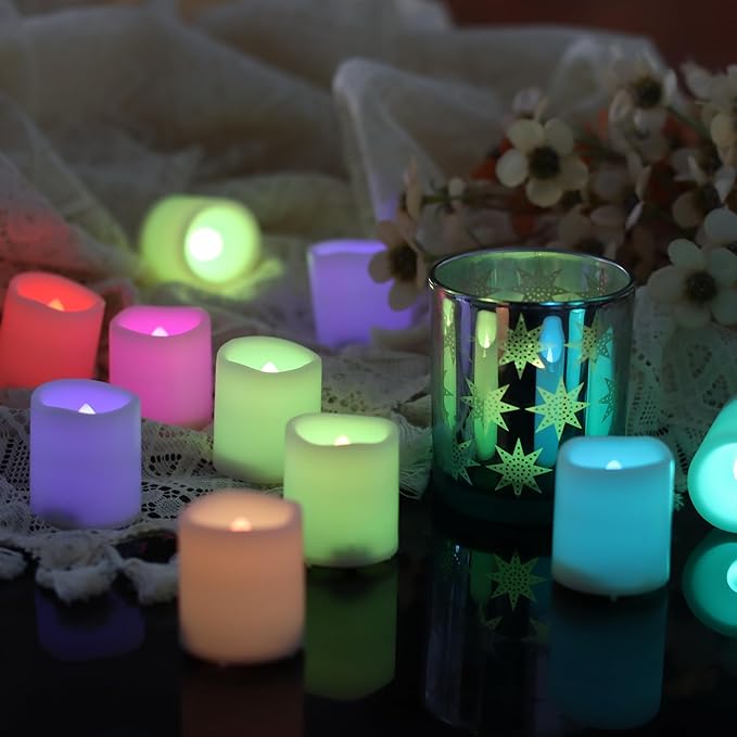 12 Pack Color Changing Flameless Votive Candles Multicolor Flickering Electric Fake Candles LED Battery Operated Tea Lights for Home Wedding Decor Party Halloween Christmas Decorations