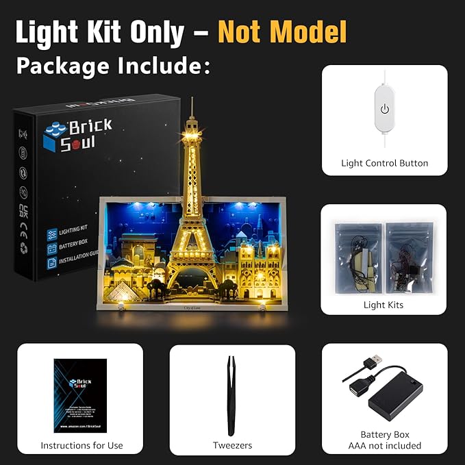 BrickSoul Upgrade Light Kit for 21064 Paris – City of Love Building Set | with ON/Off & Dimmer Switch & Hidden Cable Tech | Easy Install Lighting Set (21064 Set NOT Included)