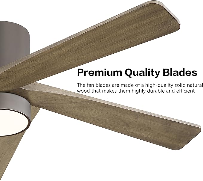 WINGBO 54 Inch Flush Mount DC Ceiling Fan with Lights and Remote, 5 Reversible Carved Wood Blades, 6-Speed Noiseless DC Motor, Hugger Ceiling Fan in Graphite Finish with Gray Blades, ETL Listed