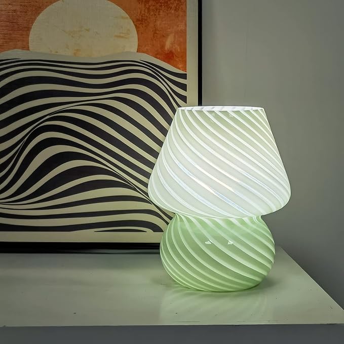 jonong Bedside Lamp Glass Striped Mushroom Table Lamp with 3 Color Modes LED Small Decorative Table Lamp for Gift Present,Suit for Bedroom, Living Room, Home Decor, Baby, Kids, Women (Green)