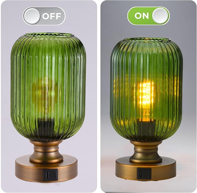 Mid Century Glass Table Lamp,Dimmable Desk Lamp,LED Bulb Included,Touch Control & USB A+C Port,Green Ribbed Glass