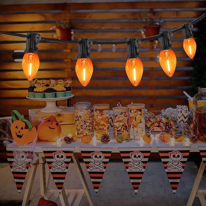 C7 Orange Halloween Lights Outdoor, 25FT LED String Lights with 25 Bulbs, Waterproof Fall Thanksgiving Decor for Patio, Fence, Tree, Party