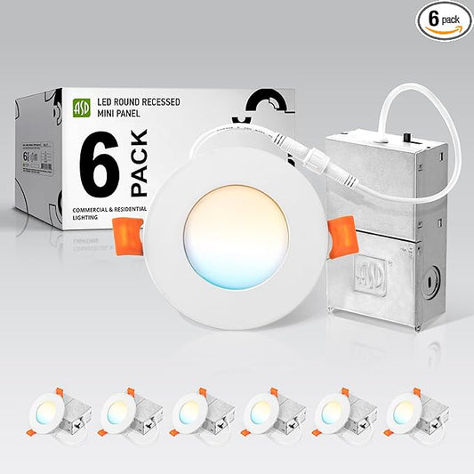 ASD 6 Pack 3 Inch LED Recessed Light 6W, 5 CCT 2700K-5000K CRI90+, IC Rated Ultra Thin Dimmable Ceiling Lights with J Box, Canless Wafer Downlight, Round Slim Panel Lighting, UL Energy Star, White