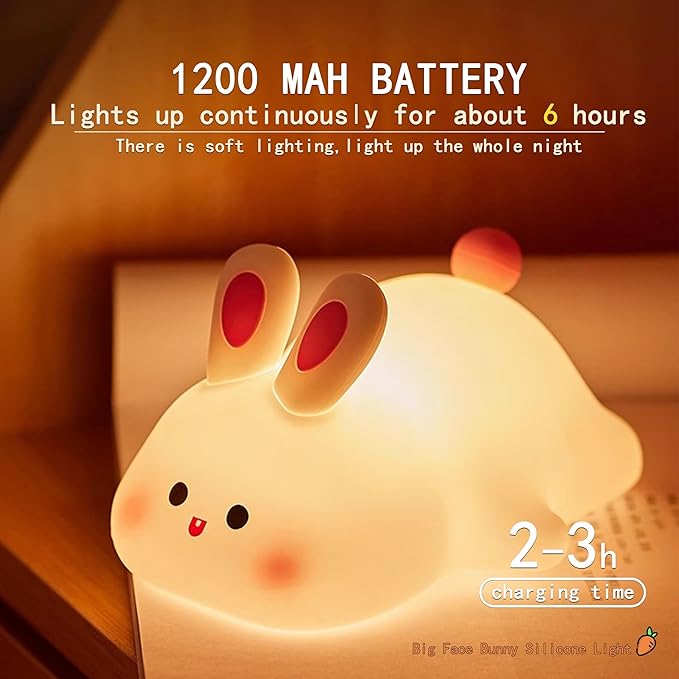 Squishy Bunny Night Light for Kids, Cute Big Face Rabbit Silicone Lamp with Timer Dimmable 3 Brightness, Easter Nursery Nightlight Portable Bedside Touch Lamp for Nightstand Bedroom Living Room Home ﻿