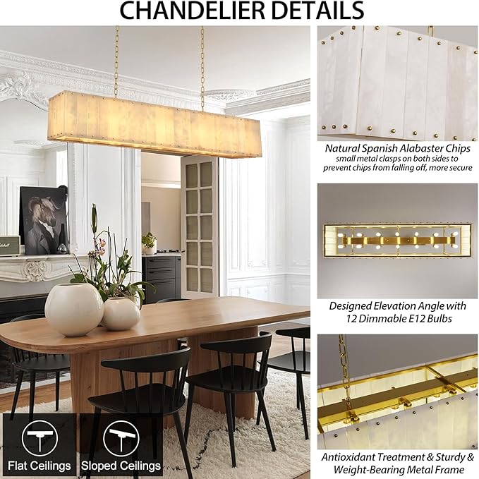 Alabaster Rectangular Chandelier L55in Spanish Natural Marble Rectangle Chandeliers,Modern Gold Large Alabaster Chandeliers for Dining Room over Table,Kitchen Island,Living Room,Included Bulbs