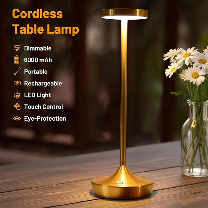 Rechargeable Table Lamp Cordless - 6000mAh Battery Operated LED Table Light - Portable Touch Dimmable Outdoor Waterproof Table Lamps for Patio Restaurant Dining (Gold)