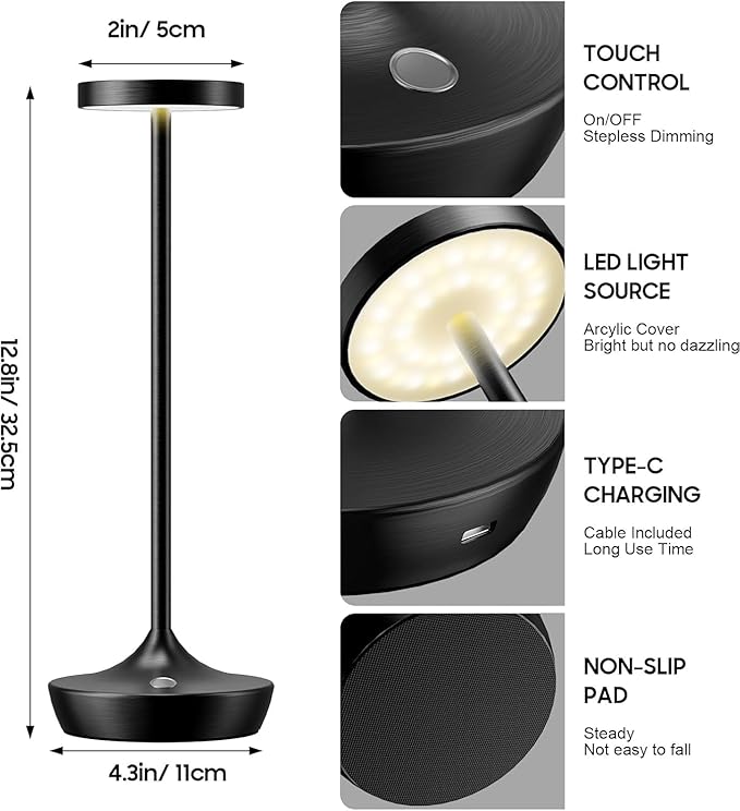 Cordless Table Lamp Rechargeable - 6000mAh LED Battery Operated Table Light - Portable Touch Dimmable Outdoor Waterproof Table Lamps for Patio Restaurant Dining (2 Black)