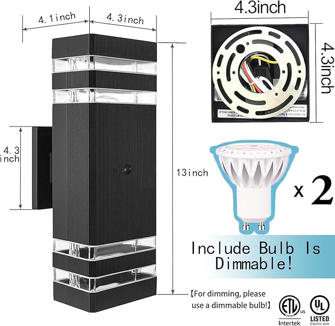 Motion Sensor Outdoor Wall Lights, Cold Light with PIR Body Sensor, Black Aluminum Up & Down Porch Sconce, GU10 LED Bulbs Included, ETL Listed, Dusk to Dawn Garage & Garden Lighting Fixture