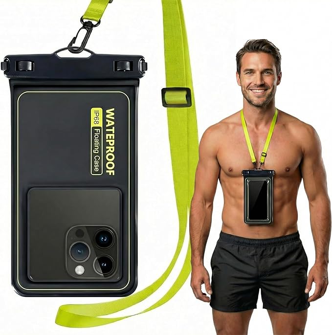 Floating Waterproof Pouch, with Adjustable Neck Lanyard, Marine IP68 Cellphone Dry Bag Compatible with 17/16/15/14/13 Pro Max/12/S24 Up to 7", 1 Pack-Black/Yellow,1 Pack