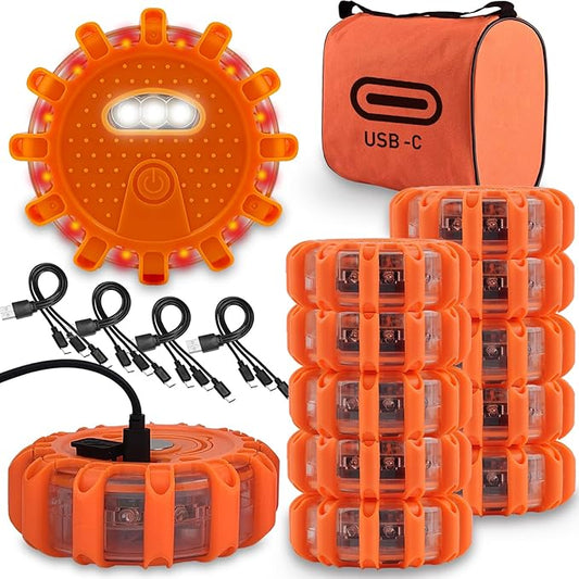 USB-C Rechargeable LED Road Flares Emergency Lights-Large Capacity (Lithium Battery) 3 in 1 Cable Roadside Warning Car Safety Beacon Flashing Disc Kit with Magnetic Base for Vehicles